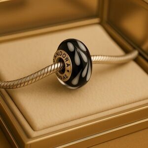 Pandora 925 Sterling Silver Black White Swirl Murano Glass EUC ALE #299